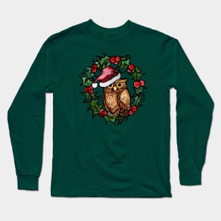 Christmas Owl With Cute Santa Hat and Wreath Long Sleeve T-Shirt